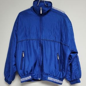 Fuda Sport Jacket‎ Blue Silk Polyester Mens Large Zipper Pockets Track Hood Wind